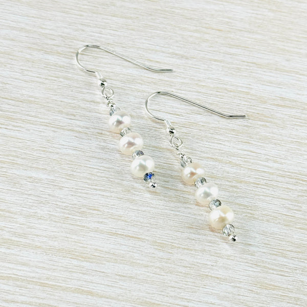 Sterling Silver, Freshwater Pearl and Crystal Bead Drop Earrings by Emily Merrix.