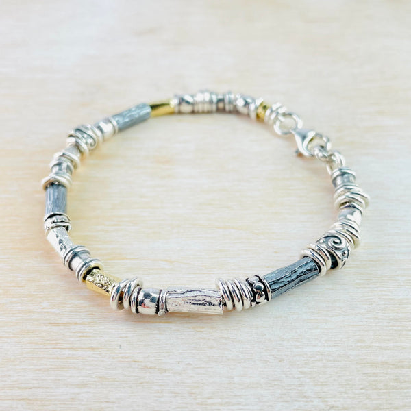 Gents Textured Sterling Silver and Gold Plated Beaded Bracelet.