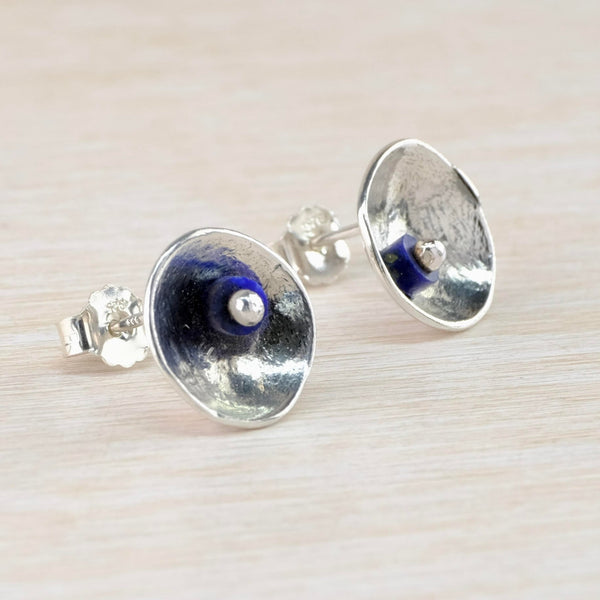Sterling Silver Disc Stud Earrings with Lapis Detail by JB Designs.