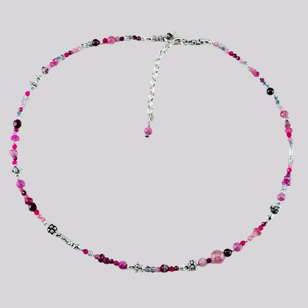Asymetrical Ruby, Ruby Quartz, Pink Tourmaline, Garnet and  Sterling Silver Bead Necklace by Emily Merrix.