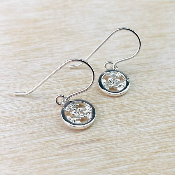 Sterling Silver Flower in a Circle Drop Earrings by JB Designs.