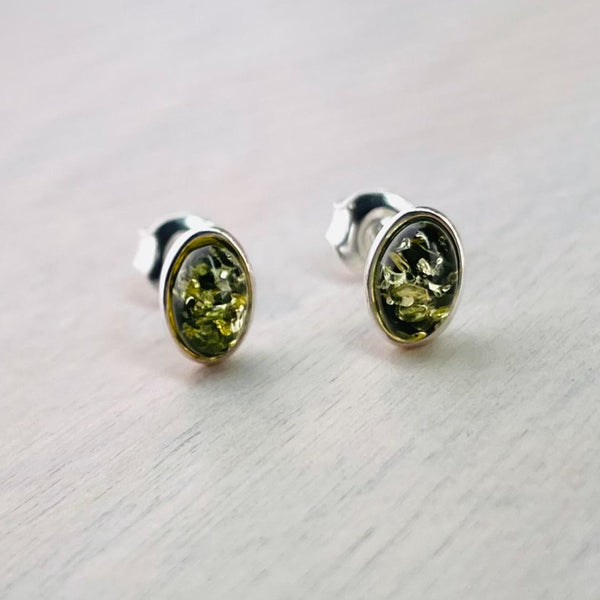 Oval Green Amber and Silver Stud Earrings.