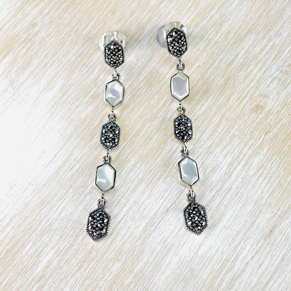 Long Sterling Silver, Marcasite and Mother of Pearl Drop Earrings.