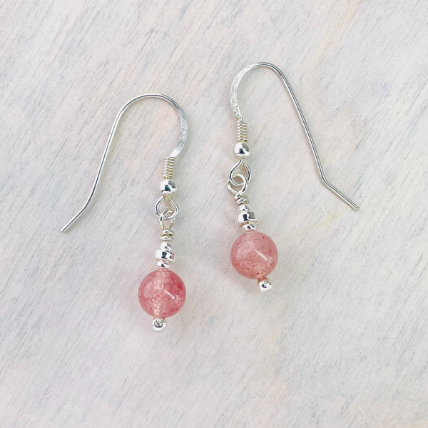Simple Silver and Strawberry Quartz Handcrafted Bead Earrings.