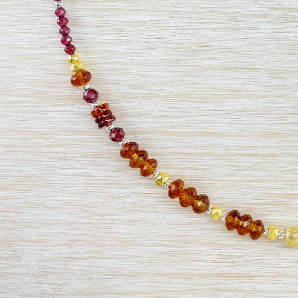 Hessonite and Red Garnet, Sterling Silver and Gold Plated Bead Necklace by Emily Merrix.