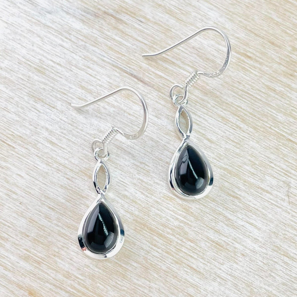 Tear Drop Sterling Silver and Black Onyx Drop Earrings.