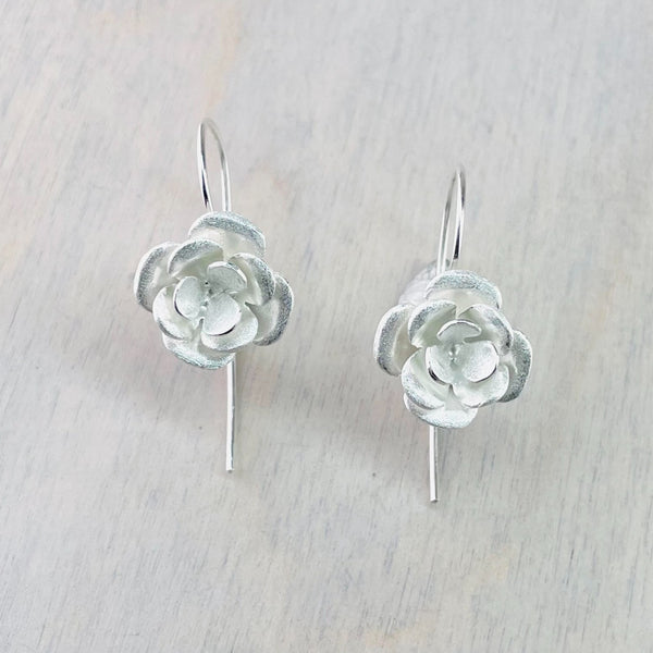 Satin Silver Flower Drop Earrings.