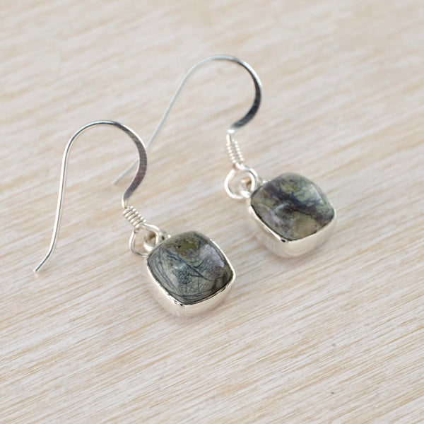 Small Square Sterling Silver And Septarian Stone Earrings.