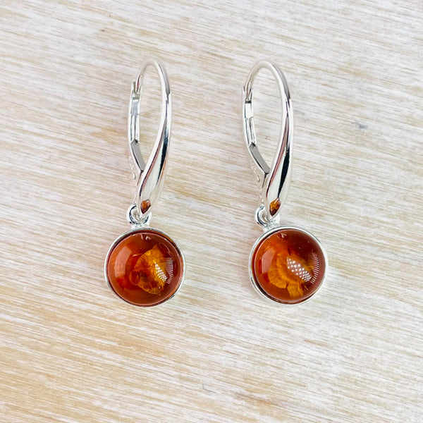 Classic Round Cognac Amber and Sterling Silver Earrings.
