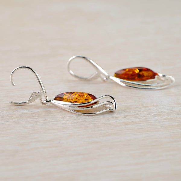 Marquise Cognac Amber and Multi Strand Sterling Silver Drop Earrings.