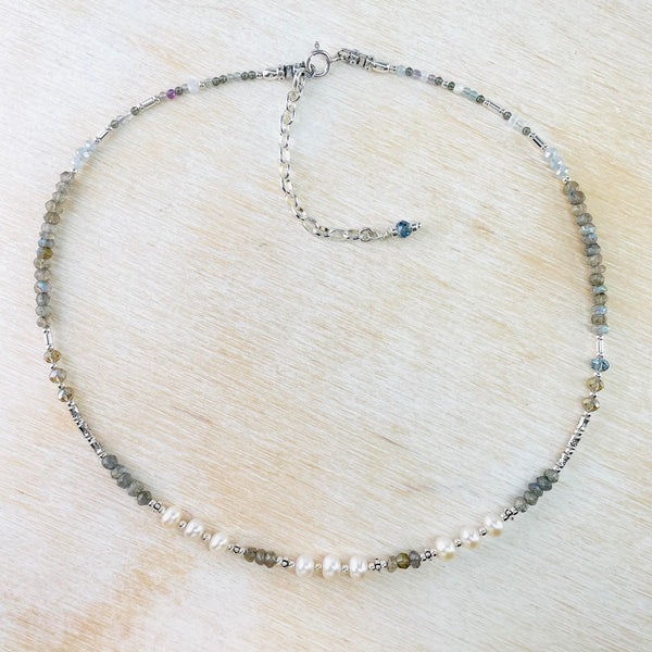 Labradorite, Freshwater Pearl, Crystal and Silver Bead Necklace by Emily Merrix.