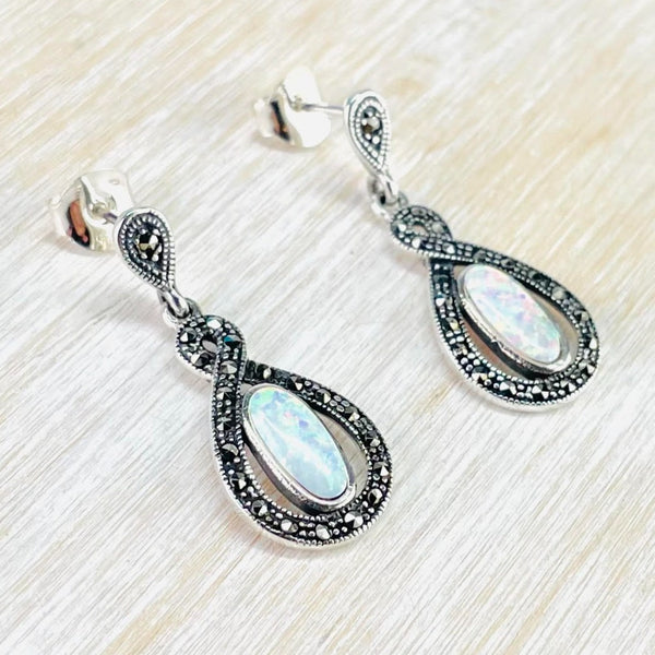 Marcasite, Created Opal and Sterling Silver Drop Earrings.