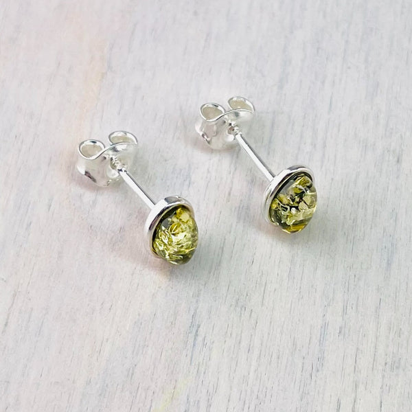Oval Green Amber and Silver Stud Earrings.
