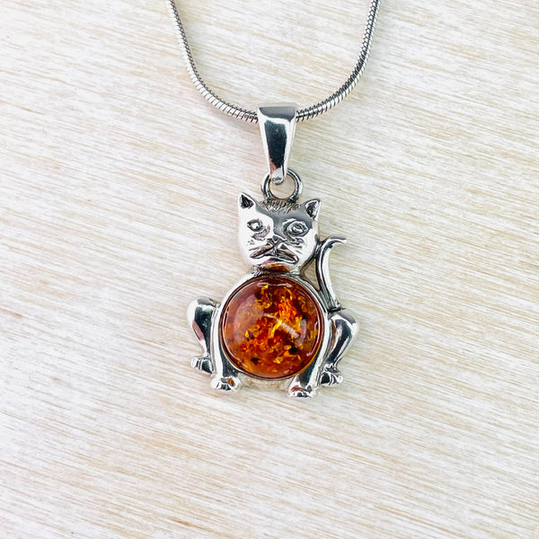Amber and Sterling Silver Grumpy Cat Pendant.