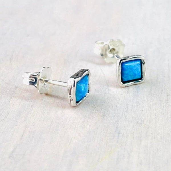 Square Opal and Silver Stud Earrings.
