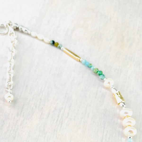 Seed Pearl, Mixed Turquoise Stones and Silver Bead Necklace by Emily Merrix.