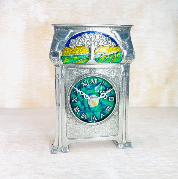 Pewter and Enamel Mantel clock, Archibald Knox Sunset Design