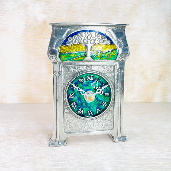 Pewter and Enamel Mantel clock, Archibald Knox Sunset Design