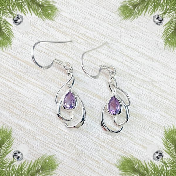 Sterling Silver Swirl and Amethyst Drop Earrings.