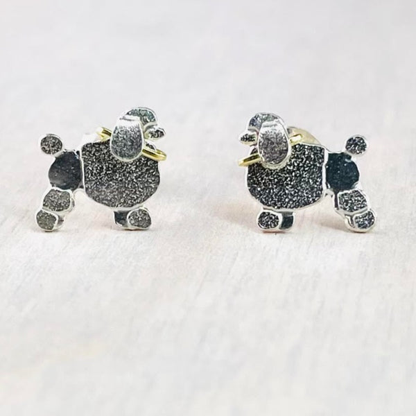 Sterling Silver French Poodle Stud Earrings with Gold Collar.