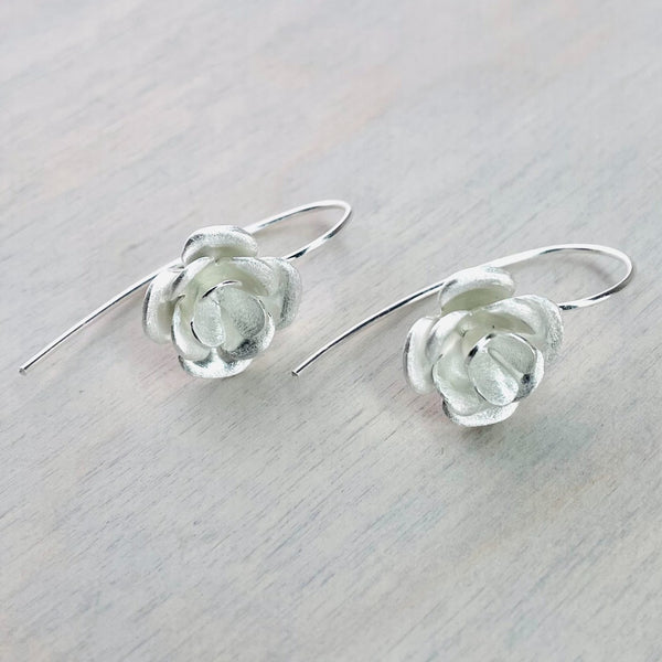 Satin Silver Flower Drop Earrings.