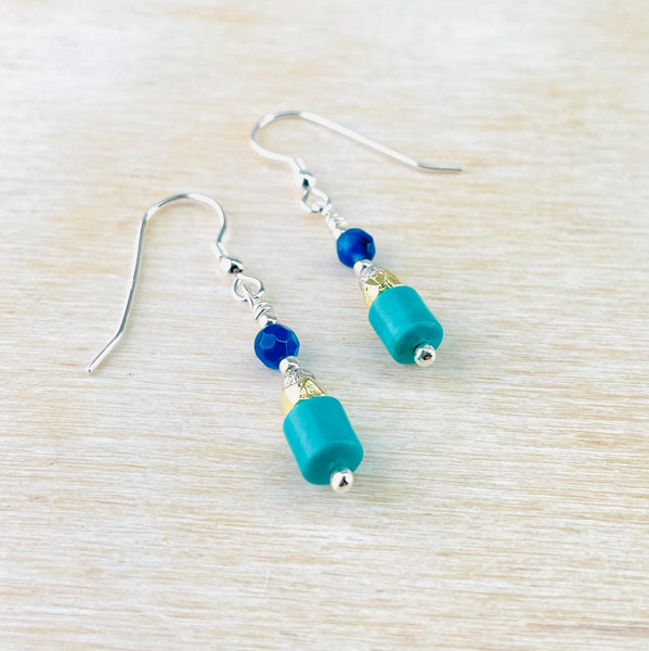Blue Agate, Turquoise, Silver and Gold Plated Beaded Earrings by Emily Merrix.
