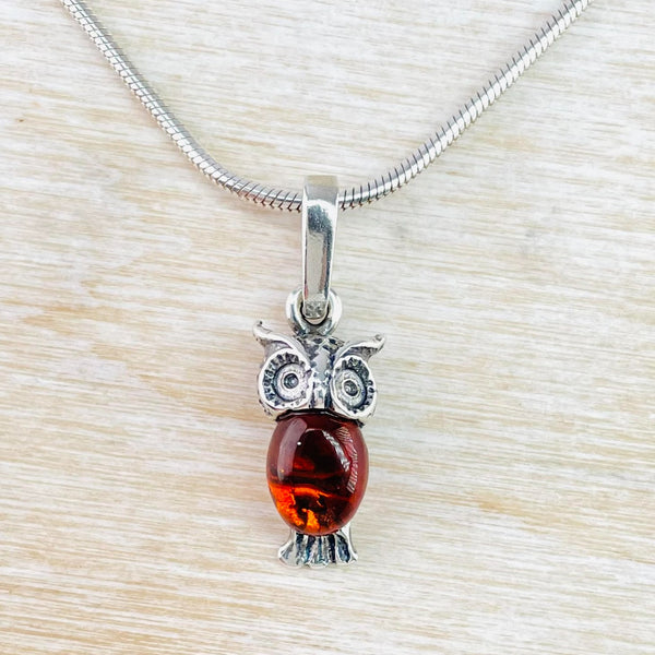 Amber and Sterling Silver Owl Pendant.