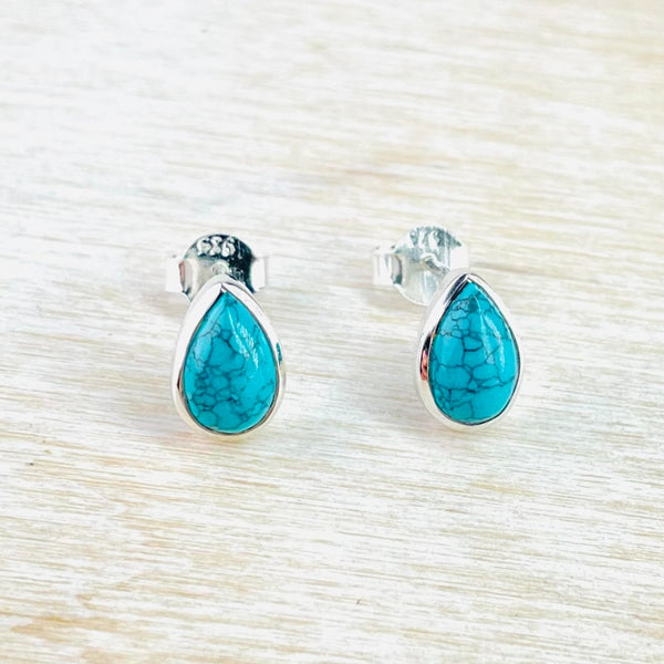 Tear Drop Turquoise and Sterling Silver Stud Earrings.