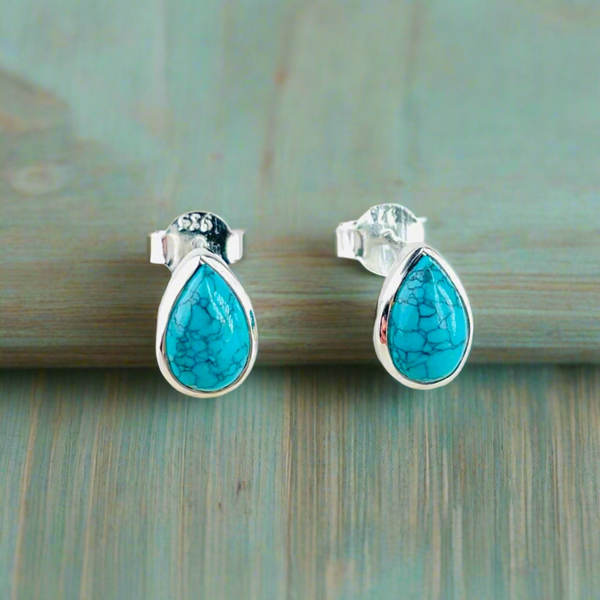 Tear Drop Turquoise and Sterling Silver Stud Earrings.