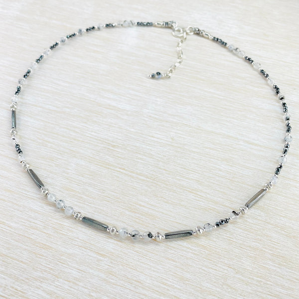 Rainbow Moonstone, Spinel and Black Tourmaline Bead Necklace by Emily Merrix.