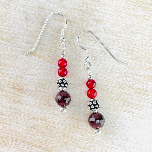 Sterling Silver, Garnet and Fuchsia Agate Bead Drop Earrings.