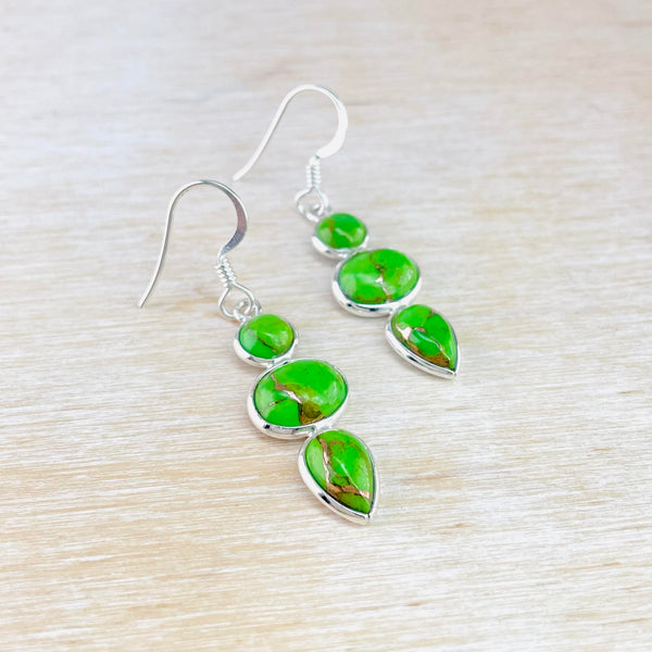 Silver and Green Mojave Turquoise Triple Drop Earrings.
