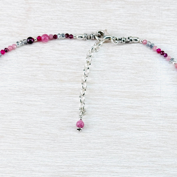 Asymetrical Ruby, Ruby Quartz, Pink Tourmaline, Garnet and  Sterling Silver Bead Necklace by Emily Merrix.