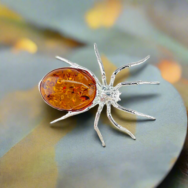 Sterling Silver and Amber Spider Design Brooch.