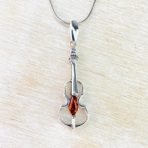 Sterling Silver and Amber Violin Pendant.