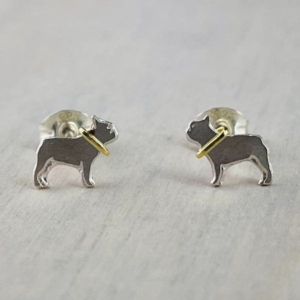 Sterling Silver French Bulldog Stud Earrings with Gold Collar.