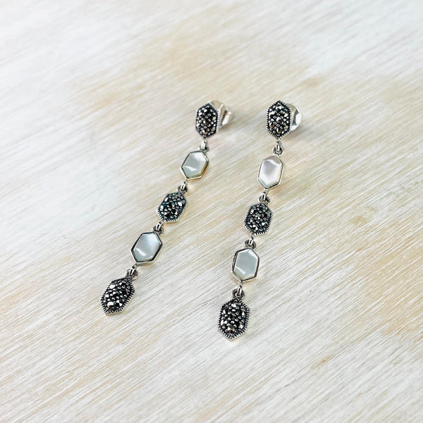 Long Sterling Silver, Marcasite and Mother of Pearl Drop Earrings.