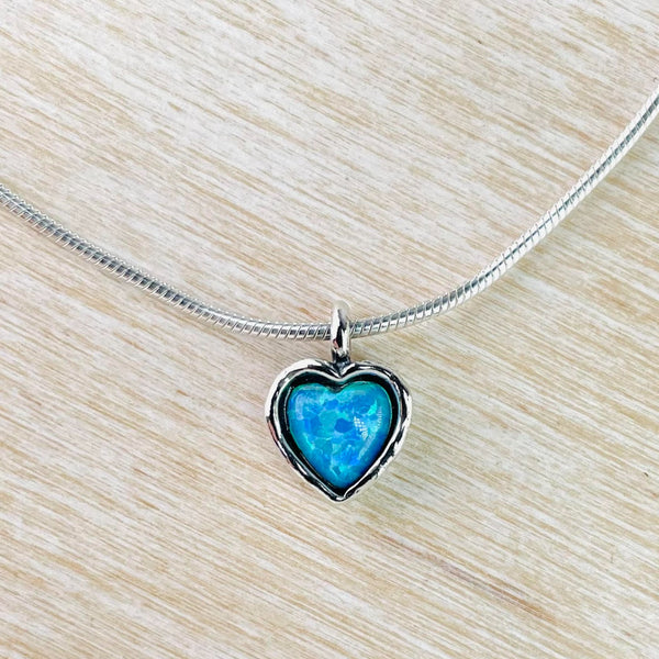 Small Oxidised Sterling Silver and Opal Heart Pendant.