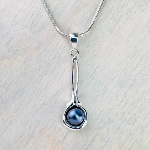 Long Sterling Silver and Peacock Pearl Pendant.