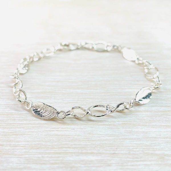 Textured Sterling Silver Link and Leaf Design Bracelet.