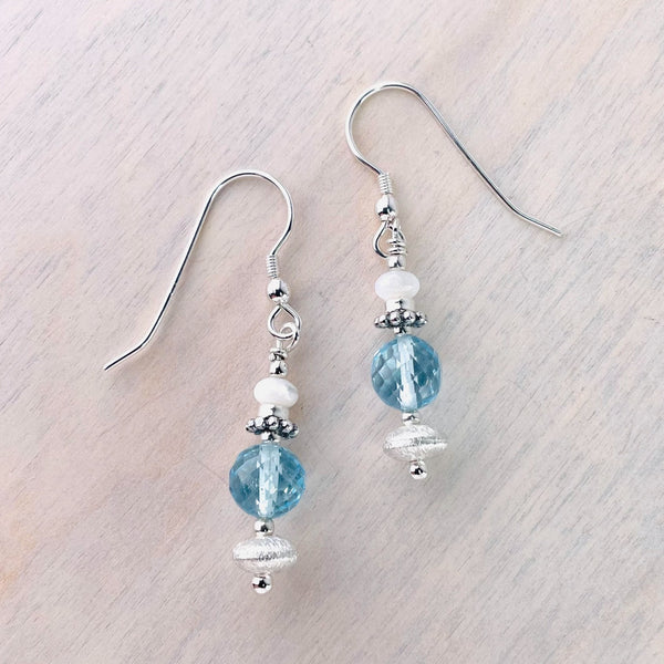 Silver, Blue Topaz and Mother of Pearl Bead Earrings.