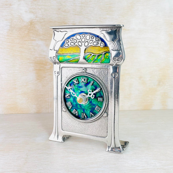 Pewter and Enamel Mantel clock, Archibald Knox Sunset Design