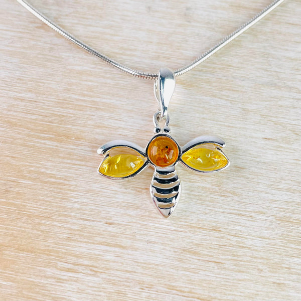 Two Coloured Amber and Sterling Silver Bee Design Pendant.