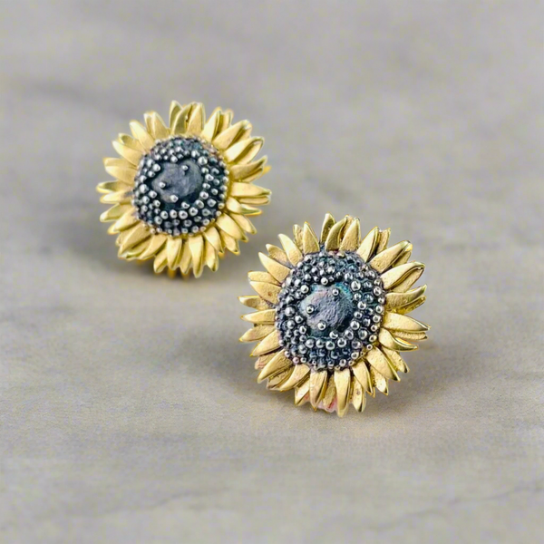 Handmade Silver and Gold Plated Sunflower Stud Earrings by Sheena McMaster.
