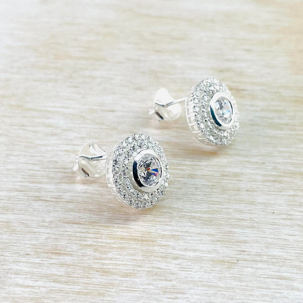 Round Sterling Silver and Pavé set CZ Stud Earrings
