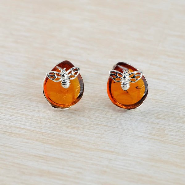 Amber and Sterling Silver Bee Stud Earrings.