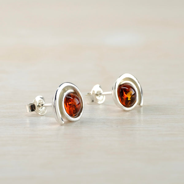 Semi Spiral Baltic Amber and Silver Stud Earrings.