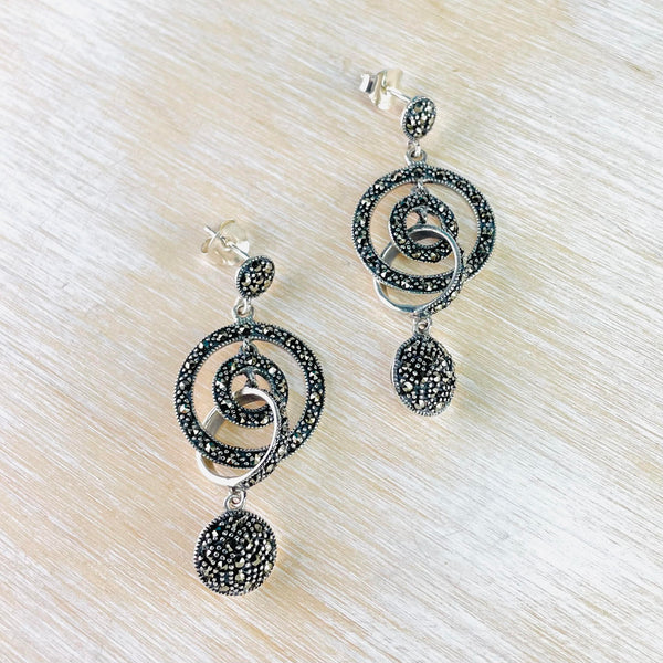 Long 3D Multi Circle Marcasite and Silver Drop Earrings.