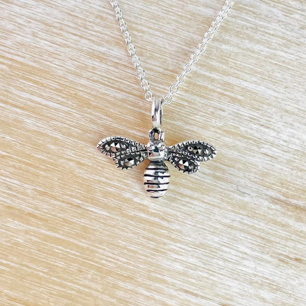 Tiny Sterling Silver and Marcasite Bee Design Pendant.