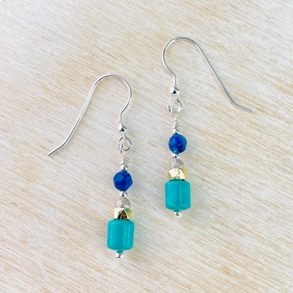 Blue Agate, Turquoise, Silver and Gold Plated Beaded Earrings by Emily Merrix.